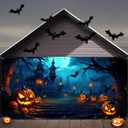 Halloween Decorations Garage Door Cover, Large Hanging Backdrop Door Cover Halloween Garage Wall Decorations for Outdoor Home Yard Garage Door Decorations Party Photo Backgrounds (7X16Ft)