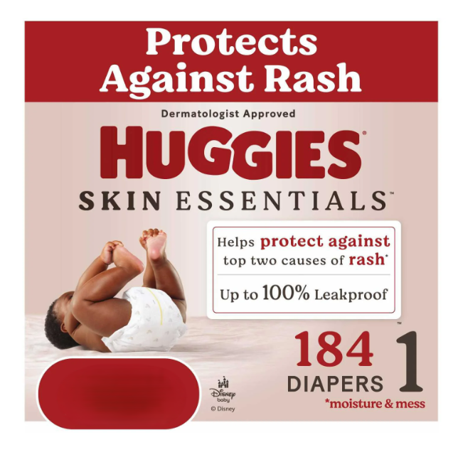 Huggies Size 1, Diapers, Skin Essentials Baby Diapers, Size  184 diapers, up to 14 lb, 4 pack