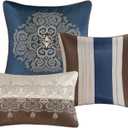 Madison Park Comforter Faux Silk-Traditional Luxurious Jacquard Design All Season Set, Matching Bed Skirt, Decorative Pillows, Cal King(104"x92"), Navy 7 Piece
