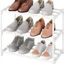 Small Stackable Shoe Rack,Narrow Kids Shoe Stand,Metal Shoe Storage Shelf for 6-8 Pairs ofShoes Entryway and Closet Hallway (3-Tier, White)