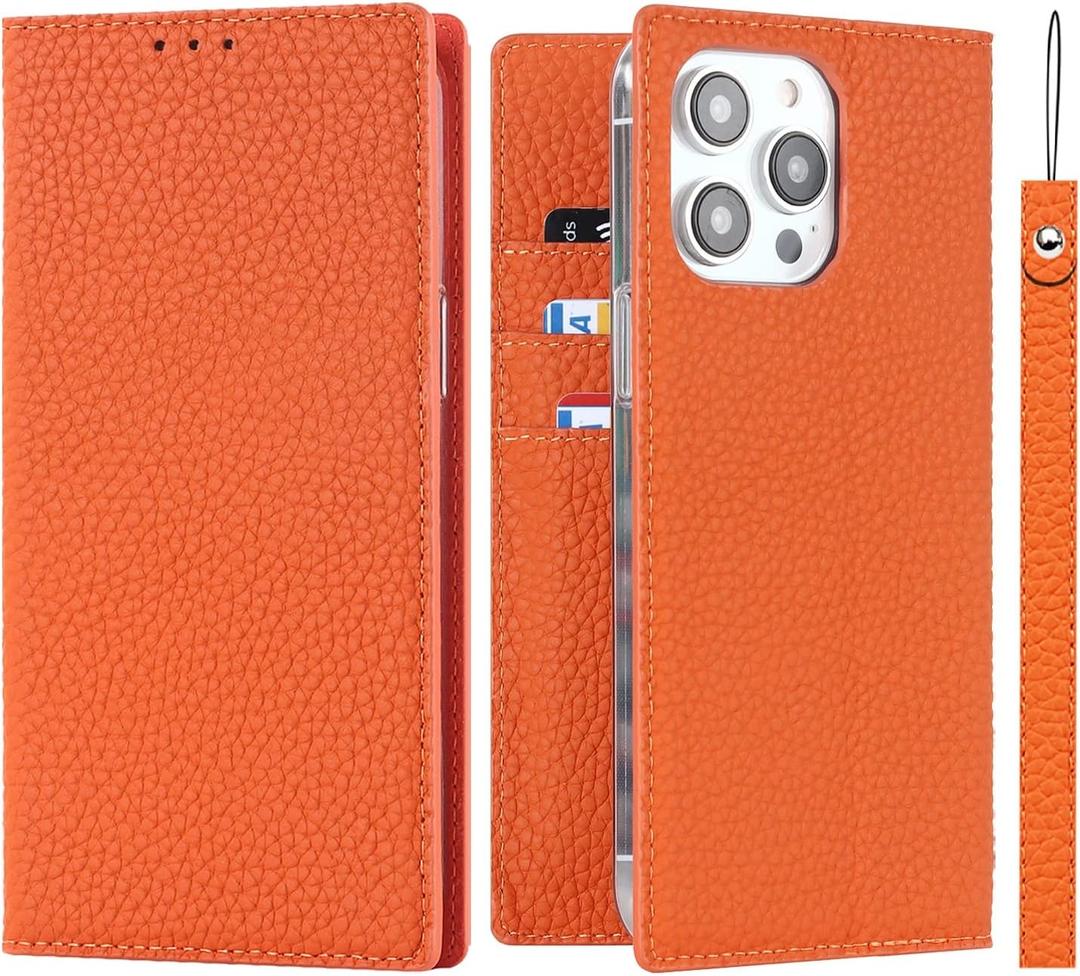 iCoverCase Compatible iPhone 15 Pro Wallet Case, RFID Blocking Genuine Leather Magnetic Flip Cover Case with Wrist Strap, Card Slots & Kickstand Feature - 6.1 Inch (Orange)