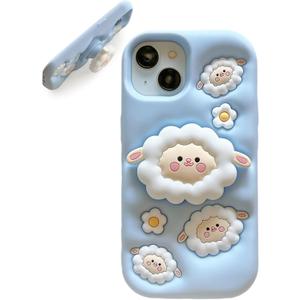Kawaii 3D Sheep Phone Case for iPhone 16 (with Retractable Phone Stand & Grip) Cute Girly Cartoon Soft Silicone Phone Cover for Girls, Kids, Teens, and Women, Blue