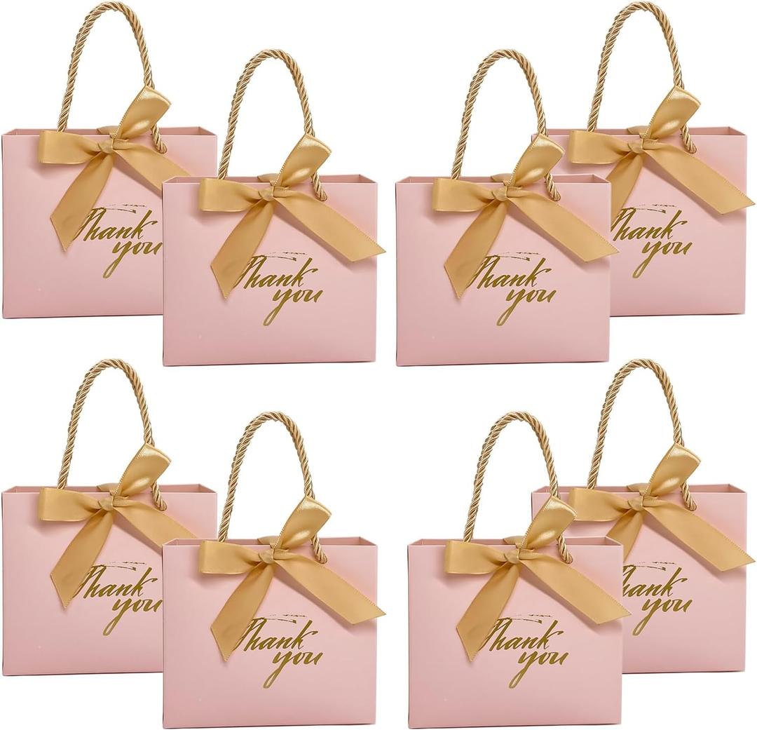 TKSBAG 50Pack Small Thank You Gift Bags With Handles-5.5''x 2.5''x4.7'' Mini Pink Gift Bags Bulk for Baby Shower, Birthday, Wedding, Party Favors, Mother's Day