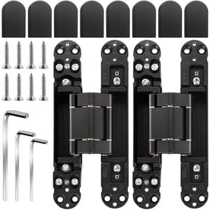 6 inch Hidden Door Hinges (2Pcs) Invisible Hinges for Doors, 180 Degree Swing Concealed Hinges, 3 Way Adjustable & Heavy Duty Hinges(Black)