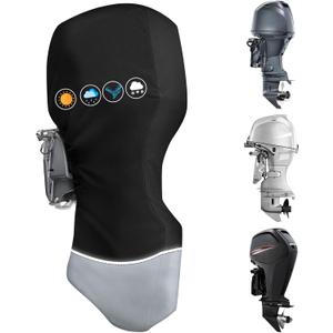 Outboard Motor Cover, 1200D Full Boat Motor Cover with Soft Cotton Lining Fit 30-60 HP Motor, Waterproof & Heavy Duty, Windproof Boat Engine Cover with Elastic Drawstring, Zipper, Black Grey