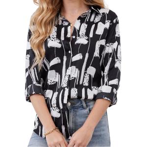 Wrinkle-Resistant Women Silky Button Down Shirts Fashion Printed Dressy Blouse Business Casual Long Sleeve Work Tops (Black, Medium)