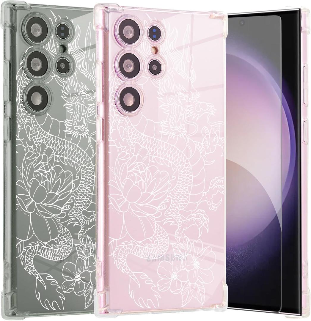 Roemary Dragon Case for Galaxy S25 Plus,for Samsung Galaxy S25 Plus with Floral Dragon Design,Floral Pattern with Screen Protector Soft TPU Protective Case for Galaxy (Clear-Cool Dragon)
