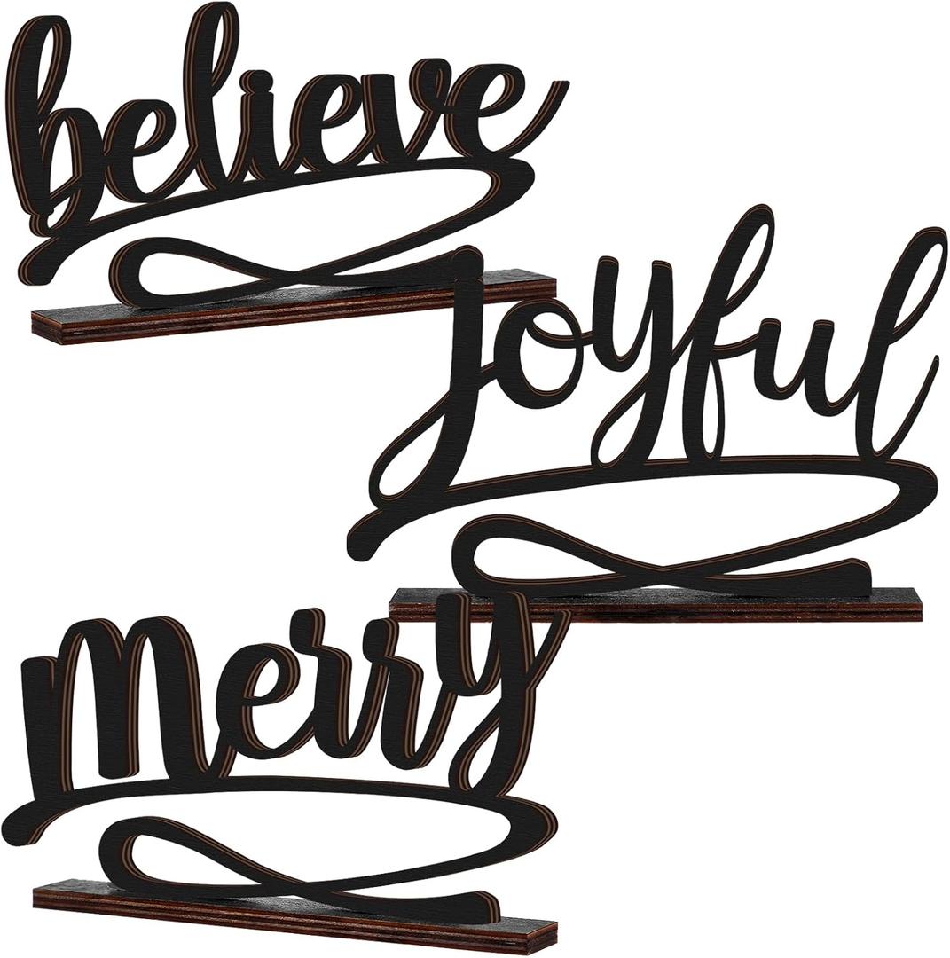 Kathfly 3 Pcs Christmas Tabletop Word Sign Believe Joyful Merry Xmas Mantle Decor Freestanding Christmas Mantle Sign Xmas Wood Cutouts Table Plate Rustic Ornaments for Home Office Decoration(Black)