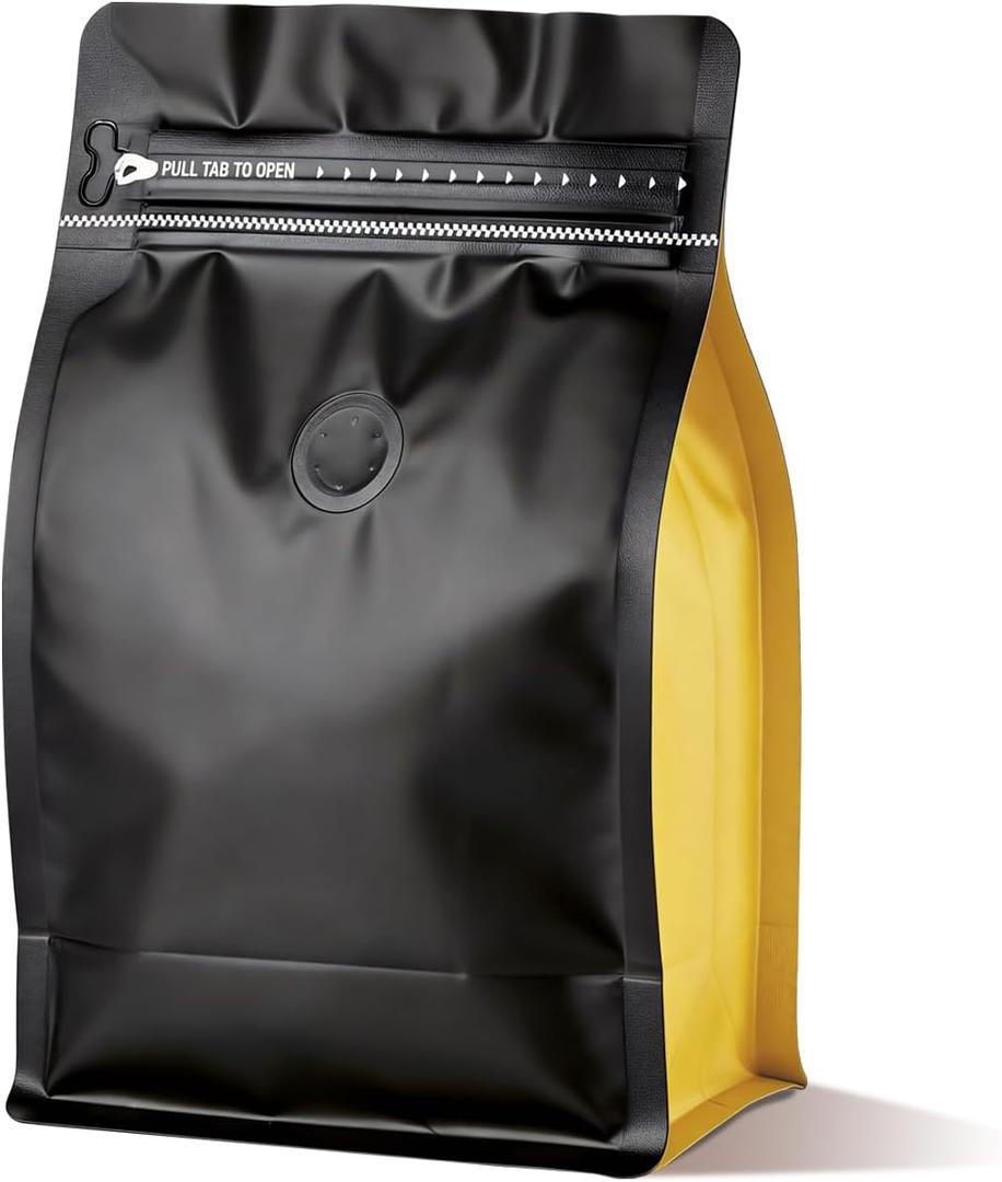 Coffee Bags with Valve(60pcs,8oz,0.5lb) Vented Coffee Beans Packaging Bags High Barrier Aluminumed Foil Flat Bottom Heat Sealed Side Zipper Resealable Storage Bag for Home or Business（Black+Gold）