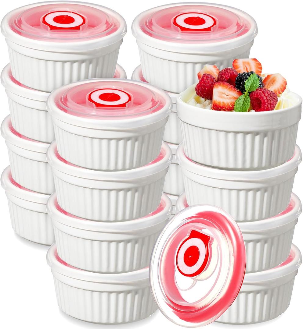 12 Pack 6 oz Ramekins with Lids Oven Safe Porcelain Creme Brulee Ramekins with Covers White Pudding Custard Cups Stackable Ramekins Ceramic Bowls For Baking Dishwasher Ice Cream Serving Dip