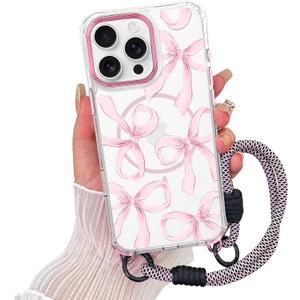 AIGOMARA Magnetic for iPhone 15 Pro Case [Compatible with MagSafe] Clear Ribbon Bowknot Bow Pattern Phone Case with Wrist Strap Lanyard, Slim Shockproof Cover for Girls Women, Pink