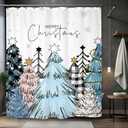 Merry Christmas Abstract Tree Shower Curtain 60Wx72L Buffalo Check Plaid Xmas Winter New Year Holiday Snowflake Pink Blue Bathroom Set Accessories Decor with 12 Pack Hooks