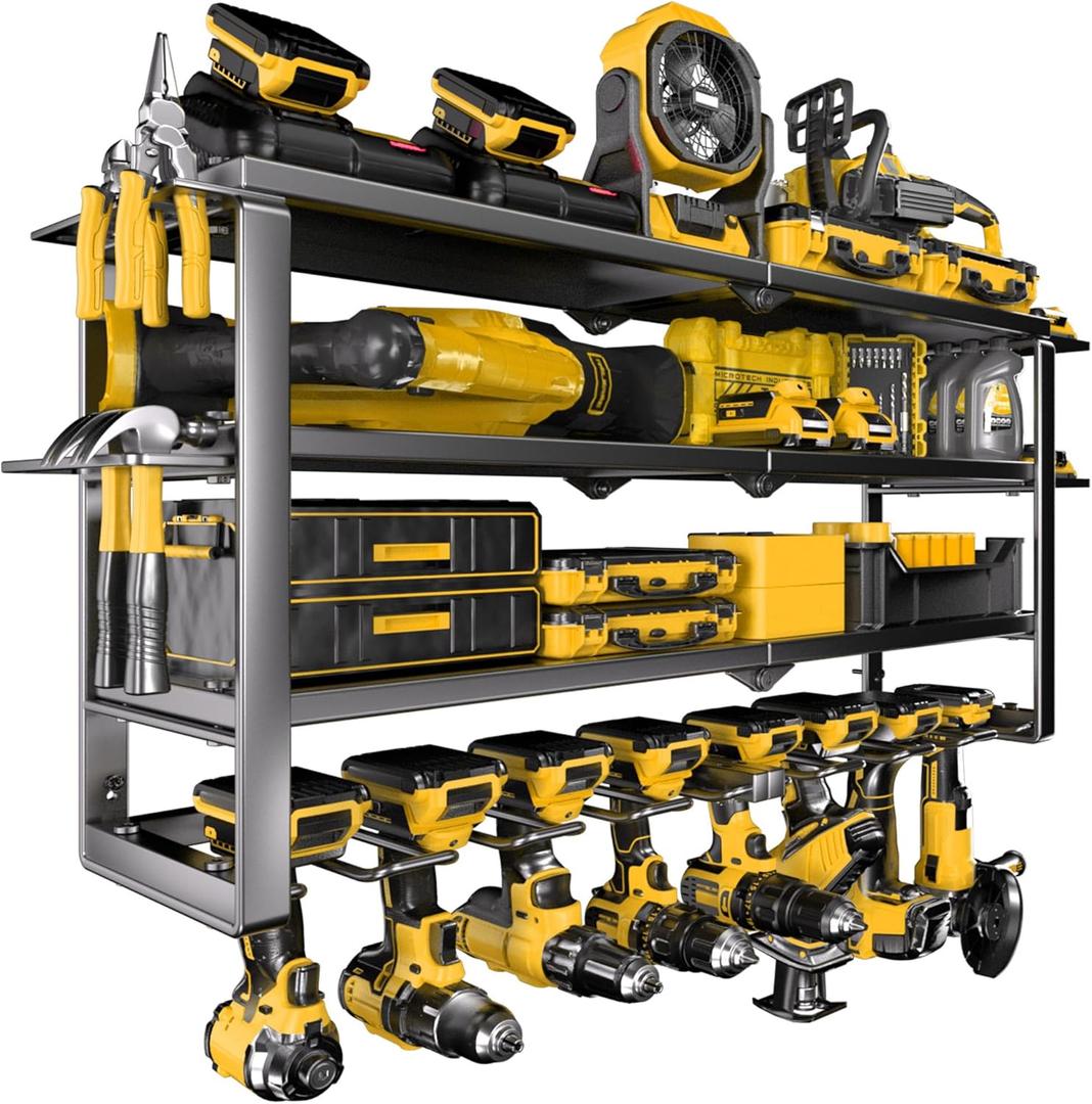 Large Power Tool Organizer Wall Mount, 4-Tier Rack with Charging Station & 8 Drill Holders, Garage Workshop Tool Storage, Gift for Husband/Dad