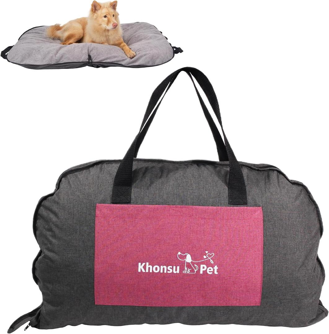 Portable Foldable Dog Bed for Travel Camping and Outdoor Dog Mat with Waterproof Cover& Fluffy Lining- Easy Clean, Durable - M (Hemp Grey)