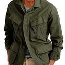 Runcati Mens Lightweight Safari Jacket Button Up Cotton Outdoor Military Cargo Long Sleeve Outwear (Green, M)