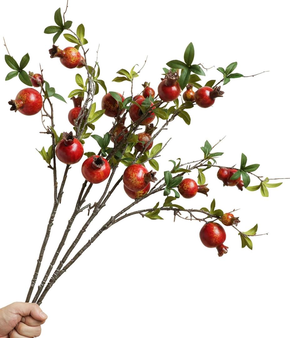 Forlaoers 4pcs 31" Tall Red Berries Pomegranate Faux Plants Stem Fake Tree Branches with Fruits Leaves Artificial Flowers for Outdoors Home Decor Office Fall Wedding Engagement Party Decorations