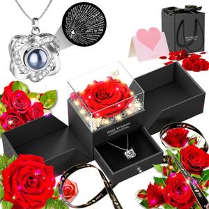 Preserved Red Rose Necklace with I Love You Heart - Forever Flowers Romantic Gifts for Women Mom Wife Girlfriend Grandma, Perfect for Valentine's Day Mother's Day Christmas Anniversary Birthday, Medium