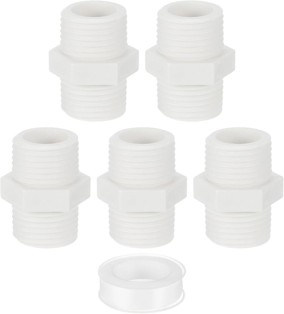 uxcell PVC Nipple Thread Coupling Adapter Connector, 2Pcs 3/4" PT PVC Pipe Fitting with Sealant Tape (Male to Male), Hose Adapter Coupling for Thread Plumbing Pipe (White) (0.75 Inch)