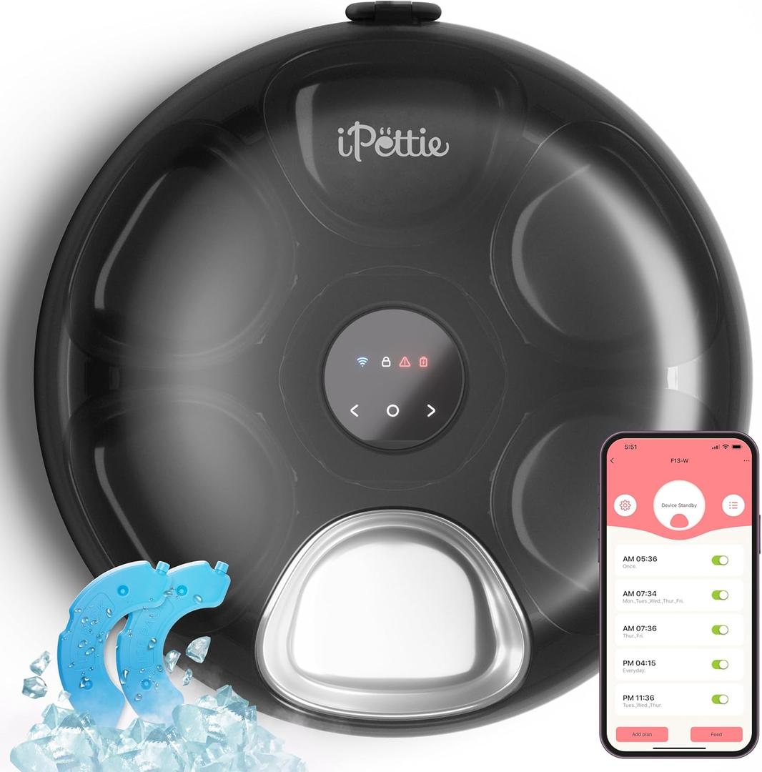 [Stainless Steel Tray Version] iPettie Donut Frost WiFi 6 Meal Automatic Wet Food Feeder with Ice Packs for Senior and Weak Pets, App Control Programmable Timer, Holds 6 x lb. of Food, Black