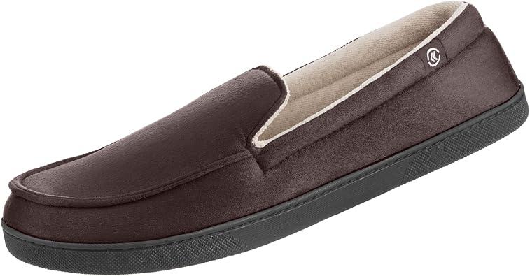 Isotoner Men's Microsuede Moccasin Slippers - Men’s Indoor and Outdoor Sole Slippers, Features Memory Foam for a Customer Fit and Arch Support for All-Day Comfort, Machine Washable 8-9