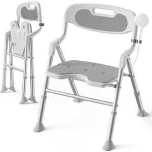 Folding Shower Chair for Inside Shower with Arms and Back, 400 LBS Foldable Bath Seat for Elderly Seniors & Disabled, Heavy Duty Portable Shower Stool with U-Shape Cutout & 6-Level Height (Gray)