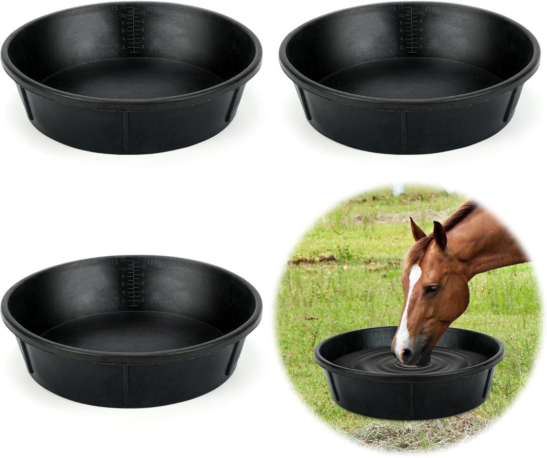 3Pcs Heavy Duty Rubber Feeder Pan, 12Q/3Gal Horses Feed Pan, Large Feed Bucket for Animal Feeding, Livestock Water Bowl Chicken Dust Bath Tub for Horse Goat Pig Dog Farm Livestock Poultry