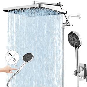13" Rainfall Shower Head with Handheld Combo, Dual Waterfall Showerhead Button Switch by Handheld, Rain Shower head with 3-Modes Wand, Adjustable Extension Arm, 71 Inches Stainless Steel Hose(Chrome) (Polished Chrome)