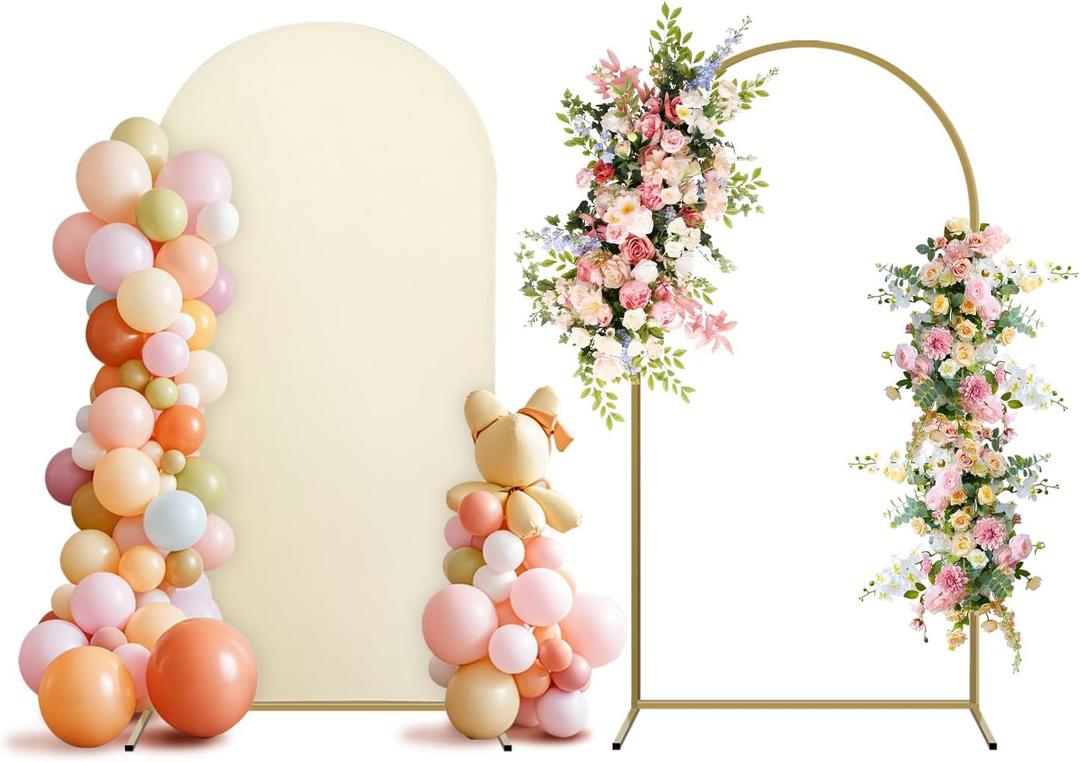 Arch Backdrop Stand and Cover Set, Metal Balloon Arch Backdrop 6ft, Gold Arched Stand Frame for Wedding, Parties,Birthday, Backdrop Decorations (Beige,6ft)