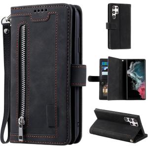 UEEBAI Wallet Case for Samsung Galaxy S23 Ultra, 9 Card Holder Slots Zipper Pocket Handbag Case Magnetic Closure Kickstand with Wrist Strap TPU Shockproof Flip Case - Black