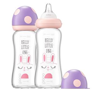 YOHKOH Natural Glass Baby Bottle with Level 2 Medium Flow Nipple, Newborn Anti-Colic Baby Bottles, Wide Neck Mushroom Baby Glass Bottle ((8.8oz (Pack of 2), Purple)