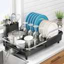 SNTD Dish Drying Rack, Expandable Dish Rack for Kitchen Counter, Stainless Steel Dish Drainer with Drainboard Set and Utensil Holder (Black)