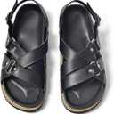 BEAU TODAY Flat Sandals for Women, Fashion Strappy Sandal Comfortable Arch Support, Open Toe Beach Dressy Leather Summer Platform Sandals (8.5, Black-1)