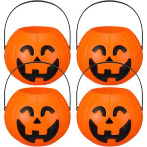 4 Pcs Plastic Pumpkin Buckets Trick or Treat Halloween Candy Baskets with Handle 6.7 x 5.1 Inches Plastic Pumpkin Large Portable Candy Basket for Halloween Trick or Treat Party Supplies
