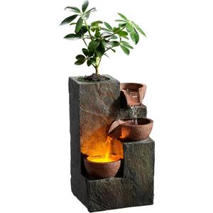 Tabletop Indoor Water Fountain 3-Tier Rock Waterfall Fountain with Warm LED Light and DIY Planting Pot Relaxing Small Water Feature for Desk or Home Decor (23061)