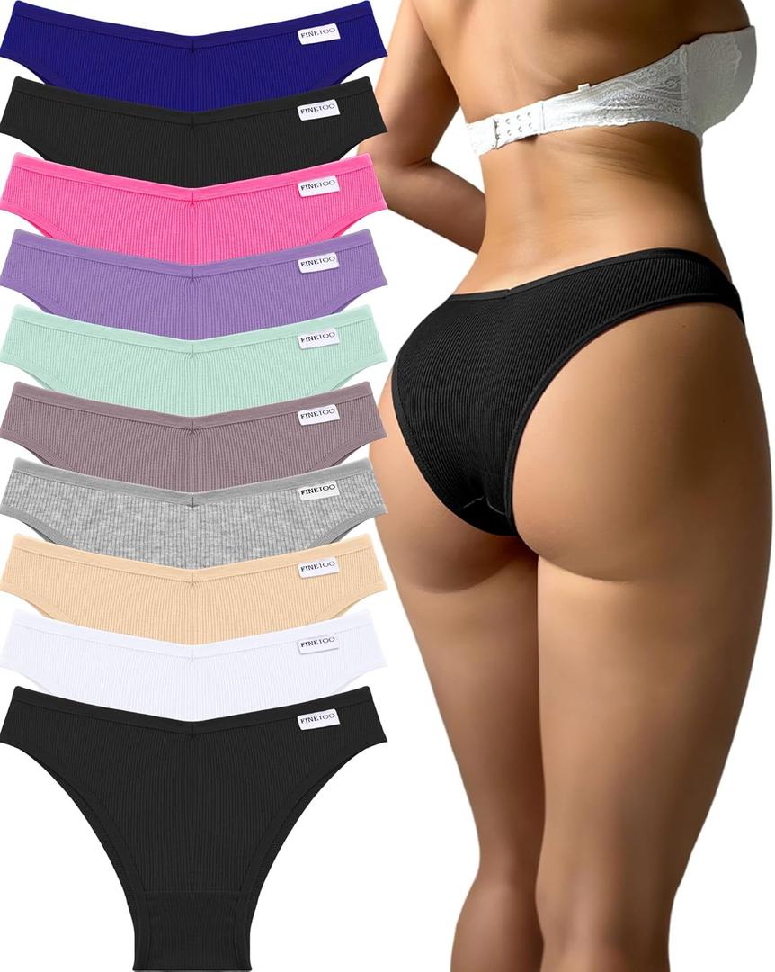 FINETOO 10 Pack Womens Cotton Underwear Sexy Stretch Bikini Panties Low Rise Hipster Ladies Soft V-Waist Cheeky(L)