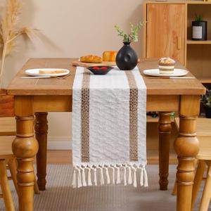 Tosleo Boho Table Runner 12120 Inches Long with Tassels Khaki Double Striped Farmhouse Rustic Table Runner for Dining Wedding Party Spring Decor(One Piece