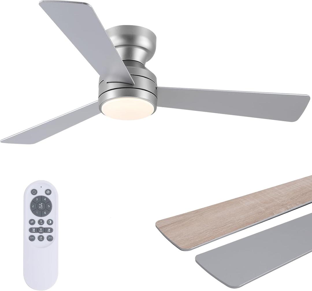Asyko 46" Silver Low Profile Ceiling Fan with Light and Remote, Modern Flush Mount Ceiling Fans for Bedroom, Living Room, 6 Speeds, Dimmable, Timer, Quiet Reversible