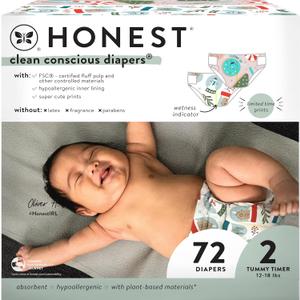 The Honest Company Clean Conscious Diapers | Plant-Based, Sustainable | Winter '24 Limited Edition Prints | Club Box, Size 2 (12-18 lbs), 72 Count