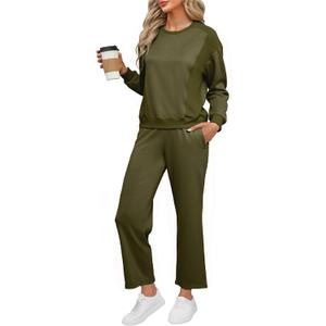 Glamaker Womens Lounge Two Piece Outfits Airport Casual Travel Crew Neck Sets Long Sleeve Tops & Wide Pants 2025 Trendy (Green, XXL)