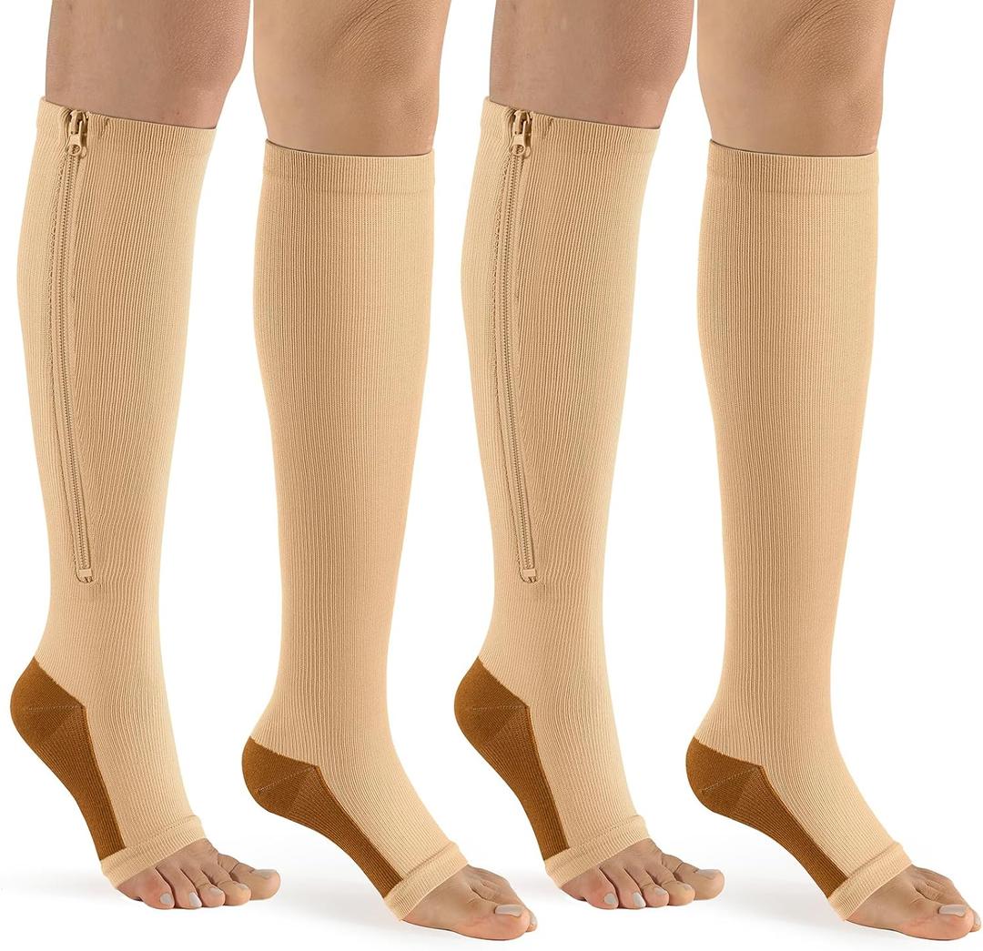 bropite Zipper Compression Socks Women & Men - 2Pairs Calf Knee High 15-20mmHg Open Toe Compression Stocking suit for Walking (Large-X-Large)