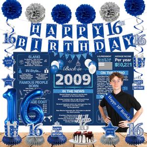 Crenics 16th Birthday Decorations for Boys or Girls - Back in 2009 Birthday Backdrop, 16th Birthday Banner, Swirls, Honeycomb, Sash, Cake Topper and Balloons for 16 Birthday Party Supplies