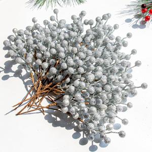 VioletEverGarden 32 Pack Glitter Christmas Picks 6.5 Inch Christmas Berry Stems Silver Artificial Berry Stems for Holiday Xmas Tree Home Decorations