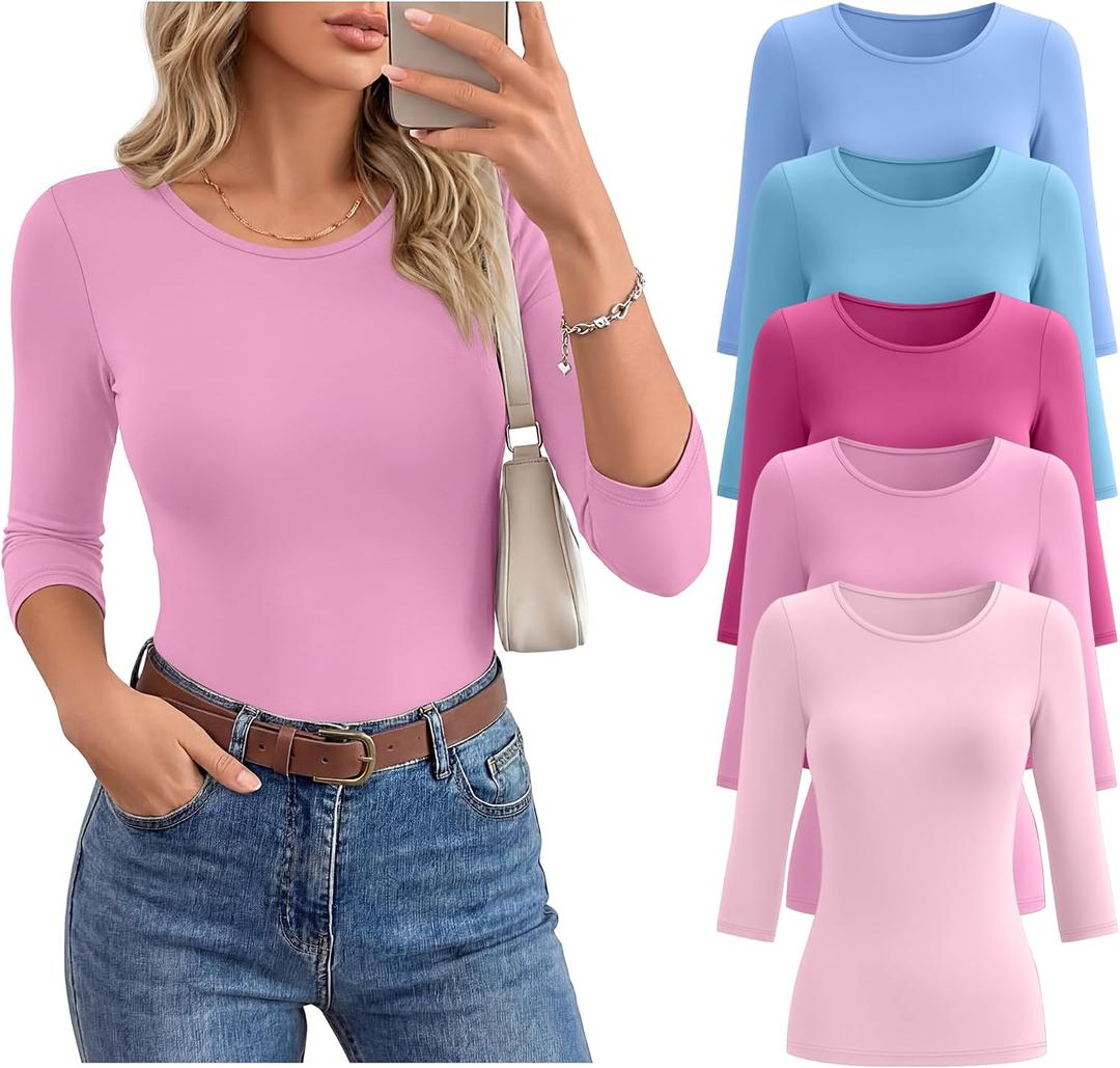 Huukeay 5 Pack Women's Elbow Sleeve Tops 3/4 Sleeve Round Neck T-Shirt Slim Fit Casual Stretchy Tunic Basic Tees Bulk (Pink, M)