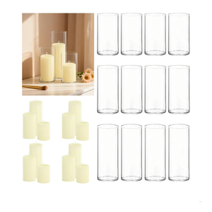 24-Piece Set Includes Ivory Pillar Candles (2"X3, 4, 6) And Glass Cylinder Vases (2.6"X5, 6, 8)，Hurricane Candles, They Are Perfectly Sized To Serve As Centerpieces On Wedding Reception Tables. 1 Missing