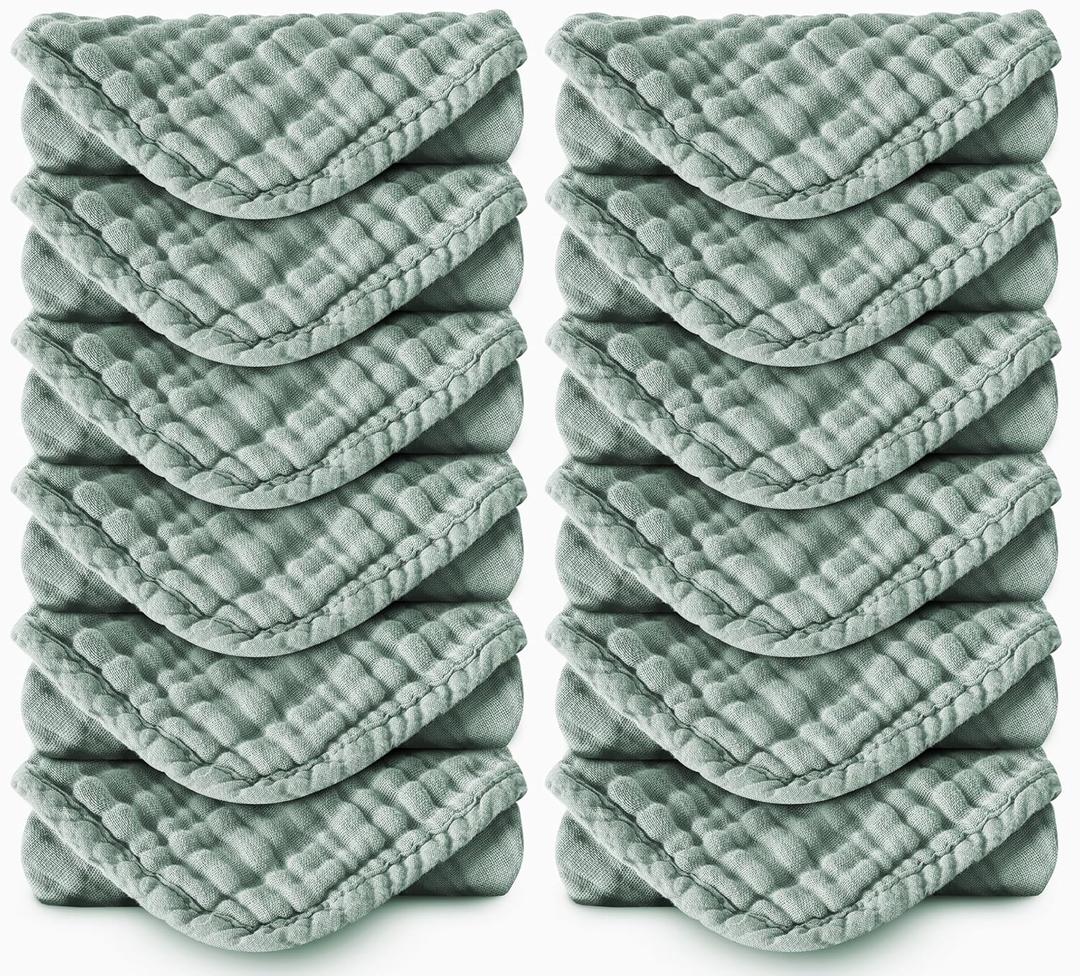 Muslin Burp Cloths 100% Cotton Large 20''x10'' Extra Soft and Absorbent Baby Wash Cloths Spit Up Rags - Baby Burping Cloth for Boys Girls Items(12 Pack Green)