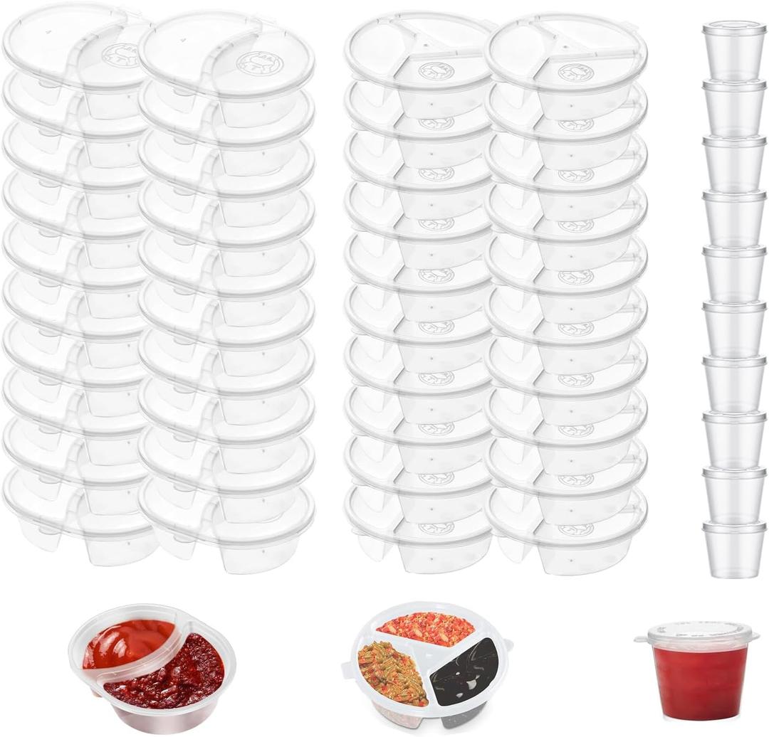 50 Pcs Snack Containers with Lids,Double Compartment Condiment Container,3 Compartment Sauce Container Transparent Plastic Dipping Containers for Snacks,Sauces,Travel, Sampling, and Outdoor Meals