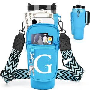 Water Bottle Holder with Strap for Stanley Cup 40 oz Tumbler with Handle, Personalized Initial Gift, Water Bottle Carrier Bag with Phone Pocket & Carabiner for Stanley Cup Accessories Blue G