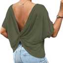 Women's Backless Twist Knot T Shirt Oversized Solid Short Sleeve Tees Open Back Asymmetrical Hem Casual Tops (Beige, L)