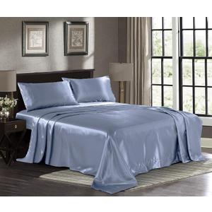 Pure Bedding Satin Sheets Luxury Silky Bed Sheets - Extra Soft 1800 Microfiber Sheet Set, Wrinkle, Fade, Deep Pocket Fitted Sheet, Flat Sheet, Pillow Cases - California King [4-Piece, SkyBlue]