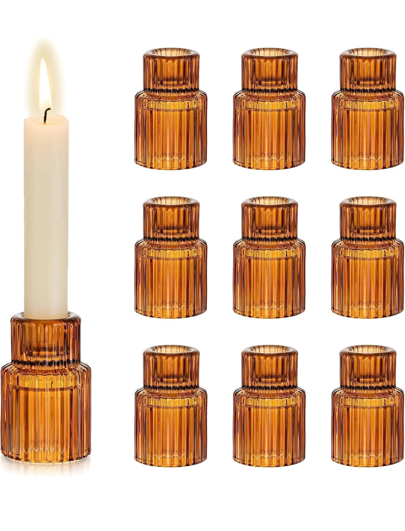 Hewory Glass Taper Candle Holders: 10 PCS Amber Elegant Candle Holder Candlestick Holders Bulk, Ribbed Glass Candle Holder Candle Sticks Holder Decor for Table Centerpiece Fall Thanksgiving Home Decor